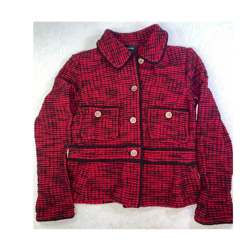 St. John Black Label Red Black Textured Knit Blazer Jacket Size 2 Made in USA